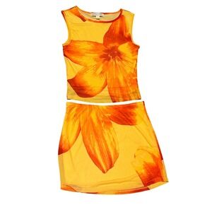 Y2K Inspired Island Girl Yellow Orange Floral Mesh Two Piece Set